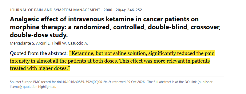 Study 7. Randomized, double-blind, crossover trial of ketamine versus saline in 10 cancer patients with pain unrelieved by morphine (Mercadante, 2000)