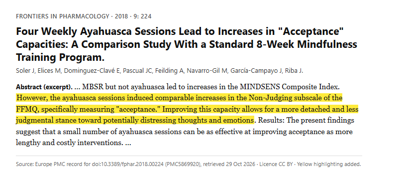 Study 8. Four ayahuasca sessions compared with an 8-week mindfulness-based stress reduction course in two groups of 10 people (Soler, 2018)