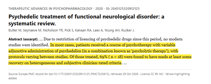 Study 1. Systematic review of nine studies (1954–1967) of psycholytic therapy in 26 patients with functional neurological disorder (Butler, 2020)