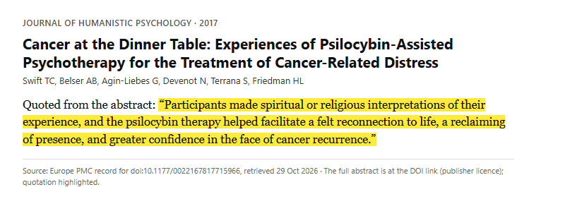 Study 27. Qualitative interviews with 13 patients with cancer-related anxiety after psilocybin-assisted psychotherapy (Swift, 2017)