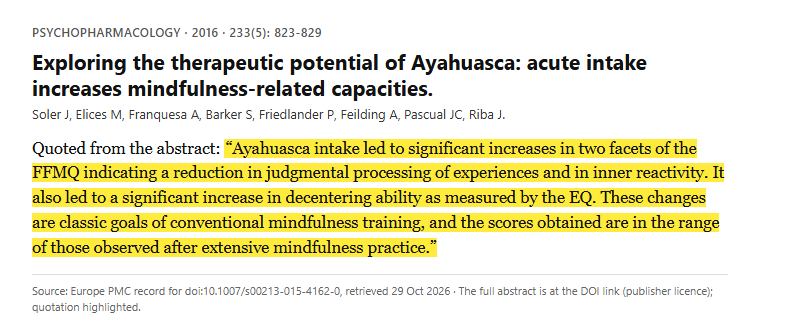 Study 6. Mindfulness measured before and 24 hours after an ayahuasca session in 25 people (Soler, 2016)