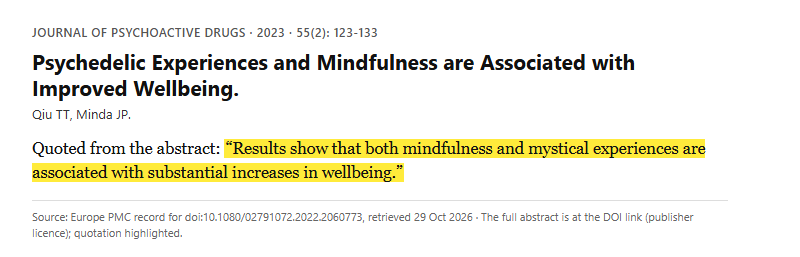 Study 13. Survey of mindfulness, psychedelic experience and wellbeing in 1,219 people who meditate and use psychedelics (Qiu, 2023)