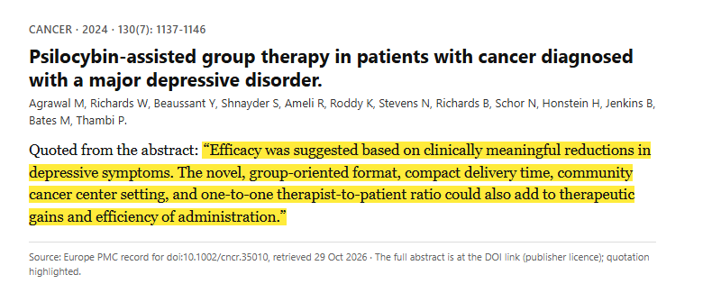 Study 15. Open-label phase 2 trial of psilocybin-assisted group therapy in 30 patients with cancer and major depressive disorder (Agrawal, 2024)