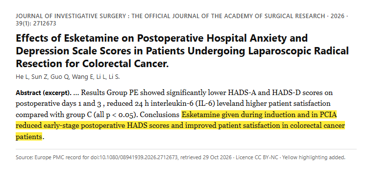 Study 14. Esketamine at induction and in patient-controlled analgesia compared with placebo in patients having laparoscopic colorectal cancer surgery (He, 2026)