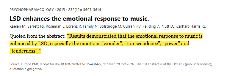 Study 5. Placebo-controlled study of LSD and music-evoked emotion in ten healthy volunteers (Kaelen, 2015)