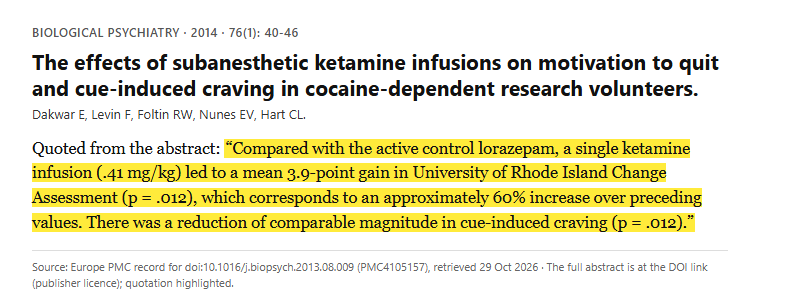 Study 4. Double-blind crossover trial of ketamine compared with lorazepam in 8 people with cocaine dependence (Dakwar, 2014)
