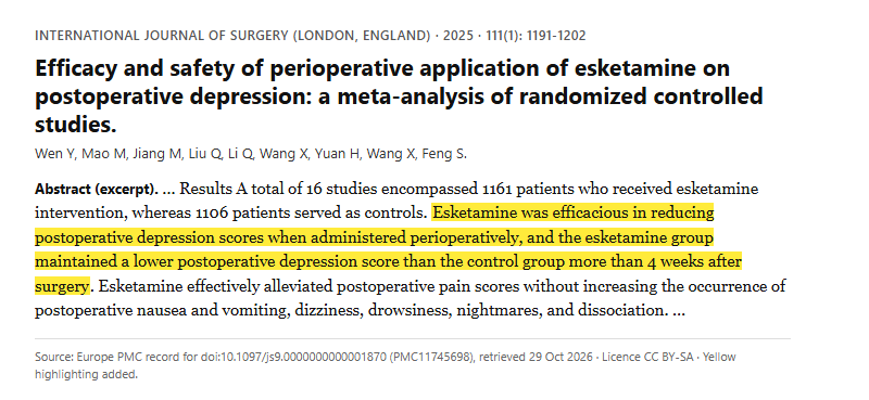 Study 5. Meta-analysis of 16 randomized studies of perioperative esketamine for postoperative depression, with 1161 esketamine-treated patients and 1106 controls (Wen, 2025)