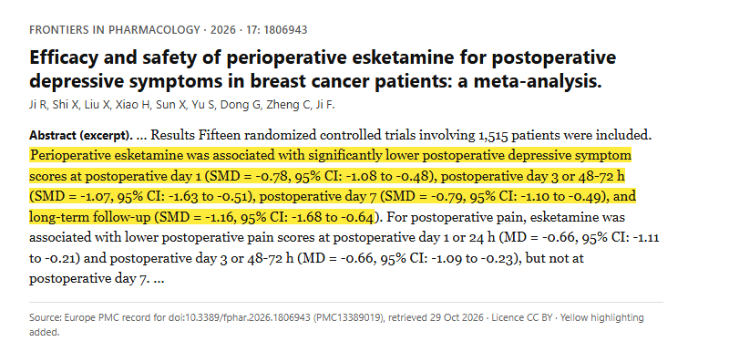 Study 7. Meta-analysis of fifteen randomized trials of perioperative esketamine in 1,515 breast cancer surgery patients (Ji, 2026)