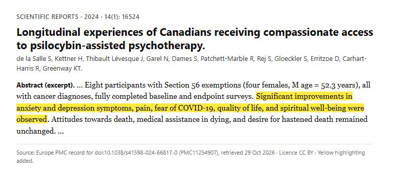 Study 28. Longitudinal survey of eight Canadians with cancer receiving legal compassionate-access psilocybin-assisted psychotherapy (De la Salle, 2024)