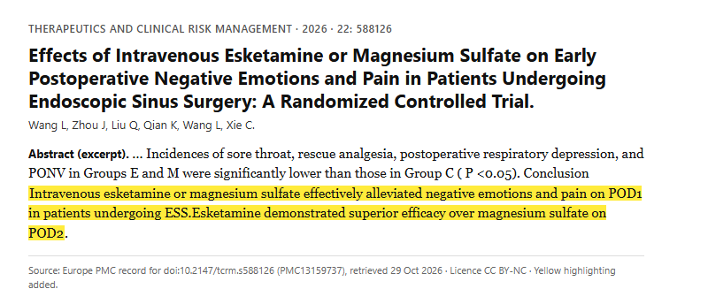 Study 6. Randomized trial of esketamine, magnesium sulfate or saline in 137 patients having sinus surgery (Wang, 2026)