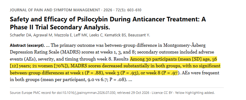 Study 22. Psilocybin-assisted therapy in 30 patients with cancer and depression, with and without active anticancer treatment (Schaefer, 2026)