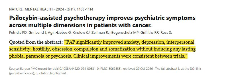 Study 1. Pooled analysis of two placebo-controlled crossover trials of psilocybin-assisted psychotherapy in 79 people with cancer-related distress (Petridis, 2024)