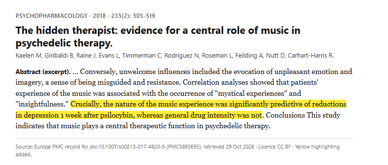 Study 1. Interview study of how music shaped psilocybin therapy in 19 patients with treatment-resistant depression (Kaelen, 2018)