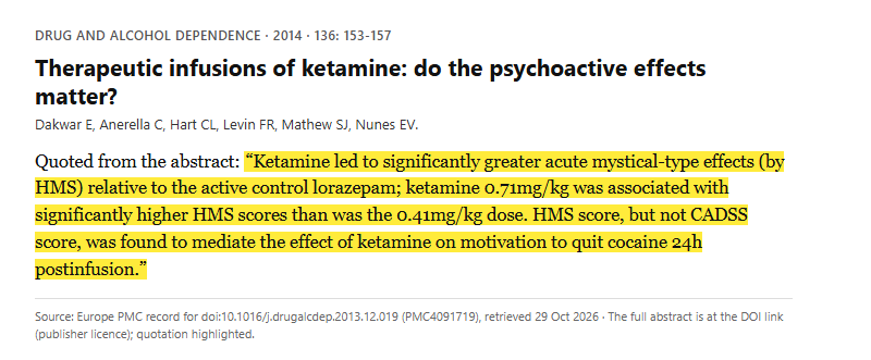 Study 8. Double-blind randomized analysis of mystical-type effects of ketamine in 8 people with cocaine dependence (Dakwar, 2014)