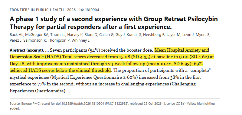 Study 24. Second group retreat psilocybin therapy experience for 13 partial responders with metastatic cancer (Back, 2026)