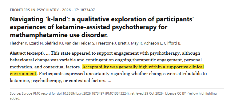 Study 11. Qualitative interview study of ketamine-assisted psychotherapy in fourteen people with methamphetamine use disorder (Fletcher, 2026)