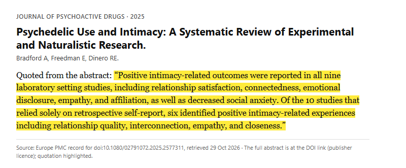 Study 1. Systematic review of 19 studies on psychedelic use and intimacy (Bradford, 2025)