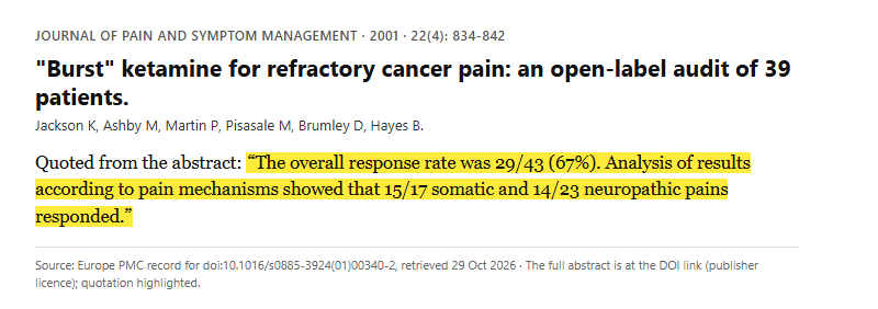 Study 16. Short "burst" ketamine infusions in 39 patients with refractory cancer pain (Jackson, 2001)