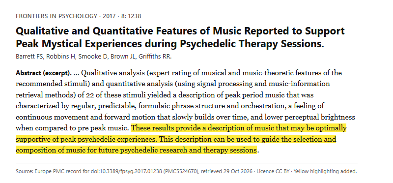 Study 9. Survey of experienced psilocybin session guides on music that supports peak mystical experiences (Barrett, 2017)