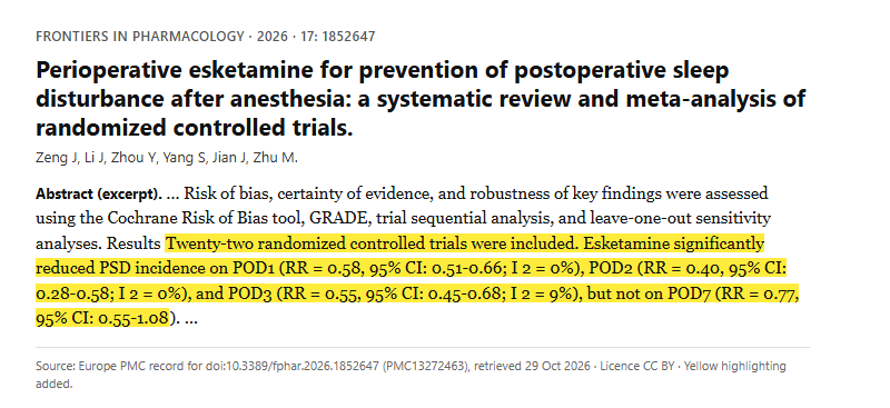 Study 7. Meta-analysis of twenty-two randomized trials of esketamine for sleep after surgery (Zeng, 2026)