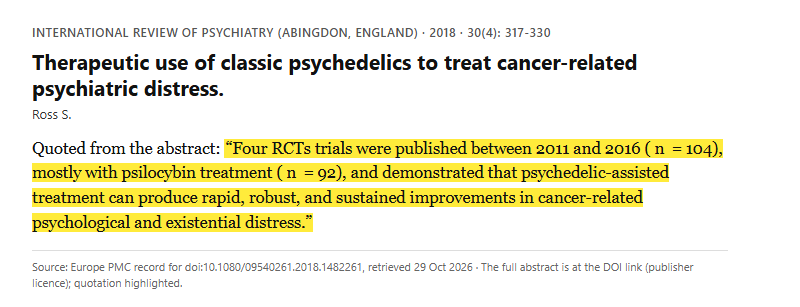 Study 6. Systematic review of 10 clinical trials of psychedelic therapy in 445 people with serious or terminal illness, mostly cancer (Ross, 2018)