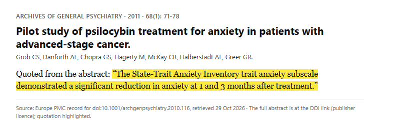 Study 17. Double-blind, placebo-controlled pilot study of psilocybin in 12 adults with advanced-stage cancer and anxiety (Grob, 2011)