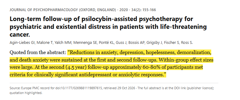 Study 11. Long-term follow-up of psilocybin-assisted psychotherapy in 15 people with life-threatening cancer (Agin-Liebes, 2020)