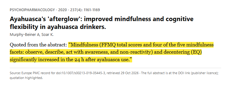 Study 12. Mindfulness and cognitive flexibility before and within 24 hours after ayahuasca in 48 participants (Murphy-Beiner, 2020)