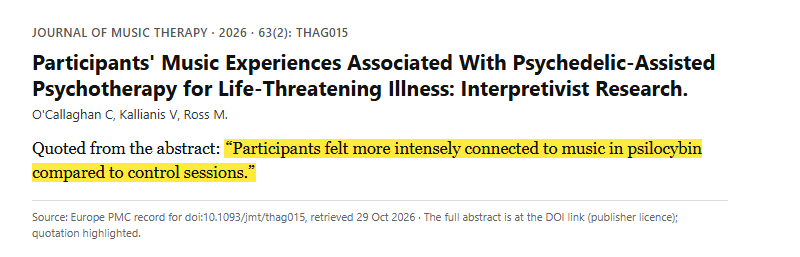 Study 3. Qualitative analysis of music experiences from interviews with thirty-one participants in a randomized trial of psilocybin-assisted psychotherapy for life-threatening illness (O'Callaghan, 2026)
