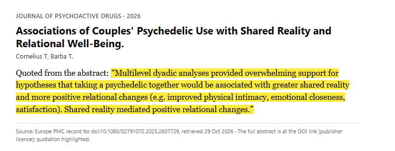 Study 3. Survey of 798 participants (81 couples) comparing psychedelic use with versus without a romantic partner (Cornelius, 2026)