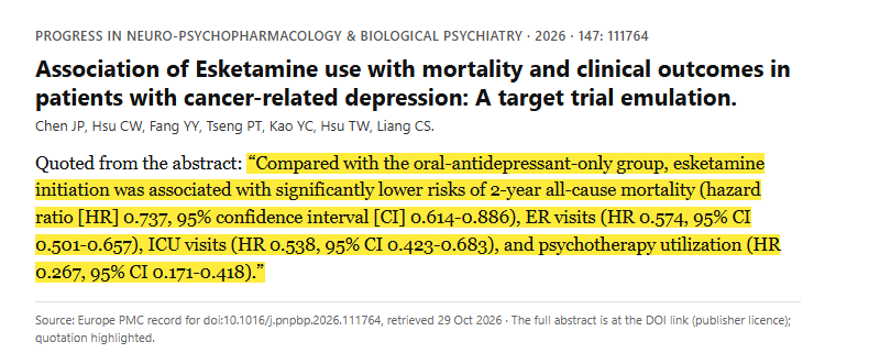 Study 9. Target trial emulation of esketamine versus oral antidepressants in 1751 matched pairs of patients with cancer-related depression (Chen, 2026)