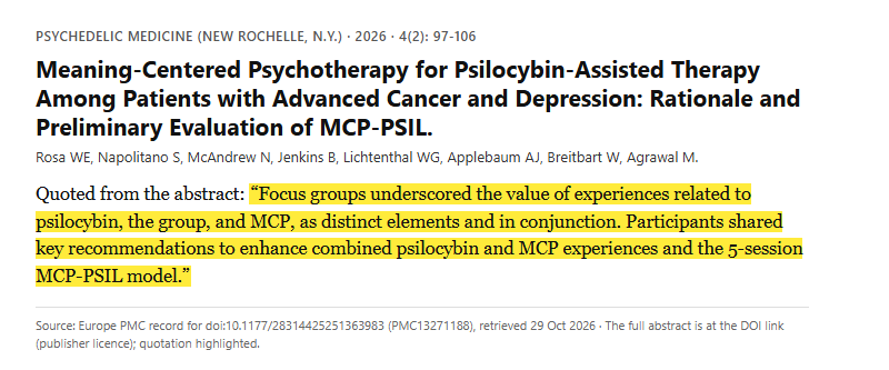Study 30. Surveys and focus groups with 7 patients with cancer and depression and 6 therapists on meaning-centered psilocybin therapy (Rosa, 2026)