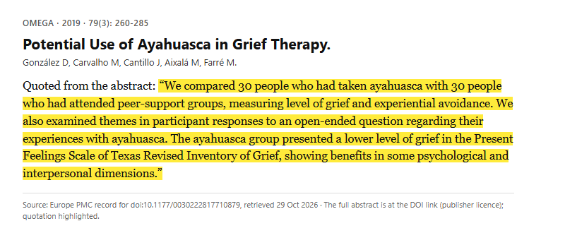 Study 4. Ayahuasca users compared with peer-support group attendees, 30 bereaved people in each group (González, 2019)