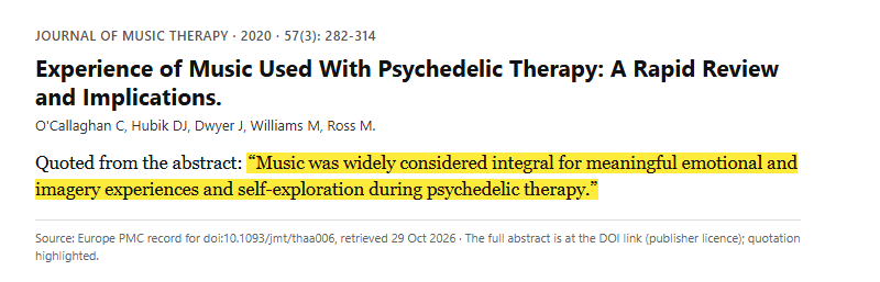 Study 8. Rapid review of participants' music experiences across 10 psychedelic therapy studies with 180 people (O'Callaghan, 2020)