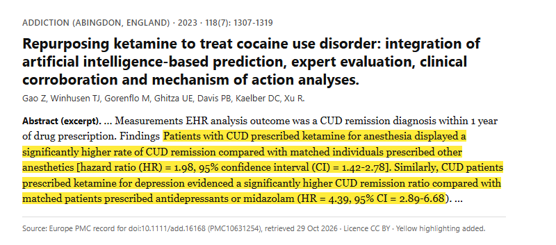 Study 1. Ketamine compared with matched controls in two electronic health record cohorts of people with cocaine use disorder (Gao, 2023)