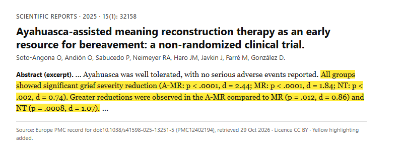 Study 1. Ayahuasca-assisted meaning reconstruction therapy compared with therapy alone and no treatment in 84 adults with severe grief (Soto-Angona, 2025)