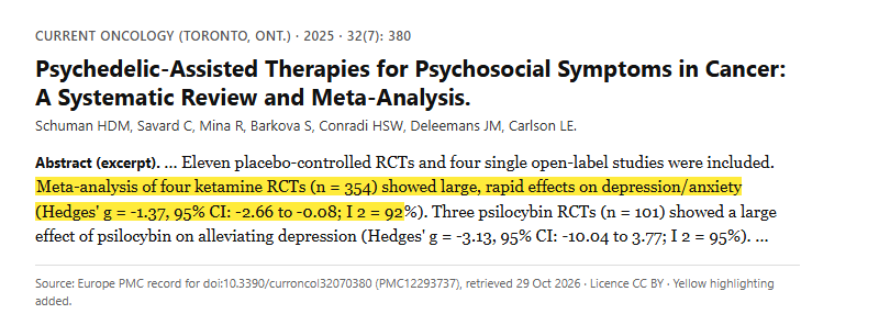 Study 5. Systematic review and meta-analysis of psilocybin- and ketamine-assisted therapy across eleven placebo-controlled trials in people with cancer (Schuman, 2025)