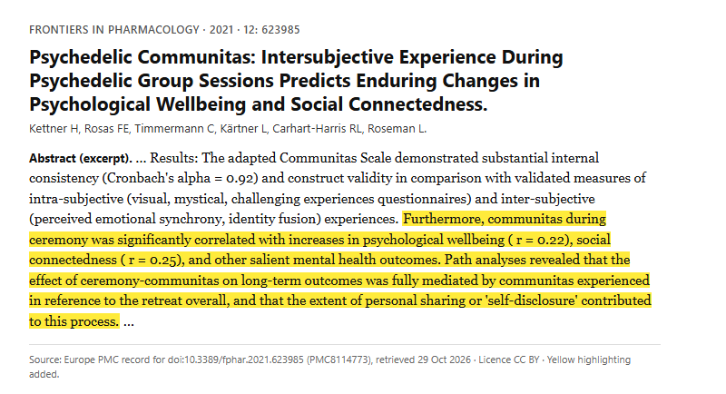 Study 3. Survey of shared experience during group psychedelic ceremonies in 886 participants (Kettner, 2021)