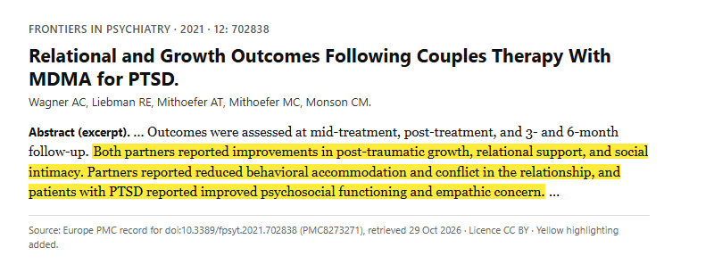 Study 2. Couples therapy (CBCT) combined with MDMA-assisted sessions in 6 couples where one partner had PTSD (Wagner, 2021)