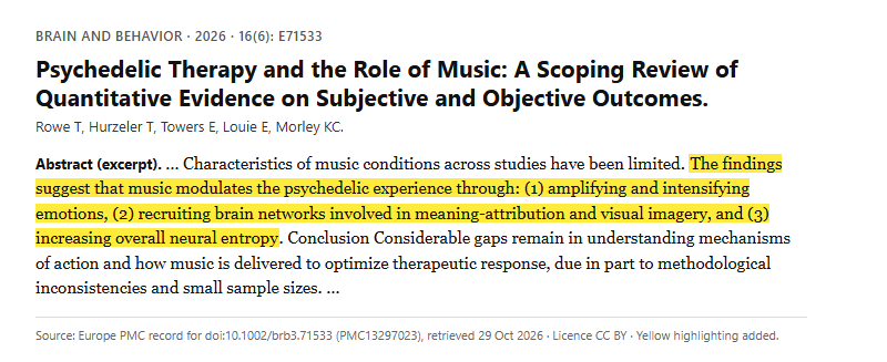 Study 2. Scoping review of music across 19 quantitative psychedelic studies with 330 participants (Rowe, 2026)