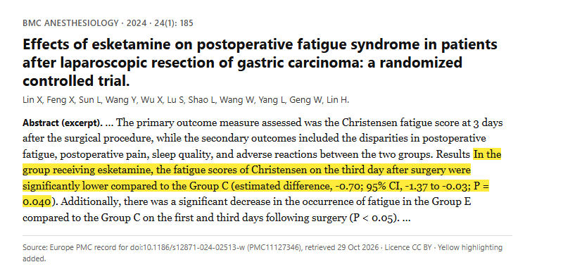 Study 2. Double-blind randomized trial of esketamine added to standard anesthesia in 133 patients having laparoscopic gastric cancer surgery (Lin, 2024)