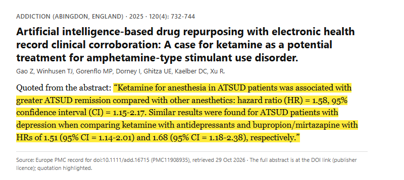 Study 2. AI drug-repurposing search with a health-record cohort study of ketamine in people with amphetamine-type stimulant use disorder (Gao, 2025)