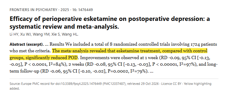 Study 9. Systematic review and meta-analysis of 8 randomized trials of perioperative esketamine for postoperative depression in 1724 patients (Li, 2025)