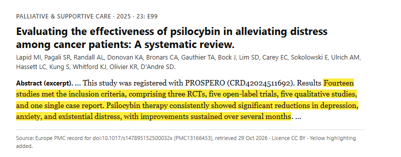 Study 14. Systematic review of psilocybin-assisted therapy for distress in fourteen studies of people with cancer (Lapid, 2025)