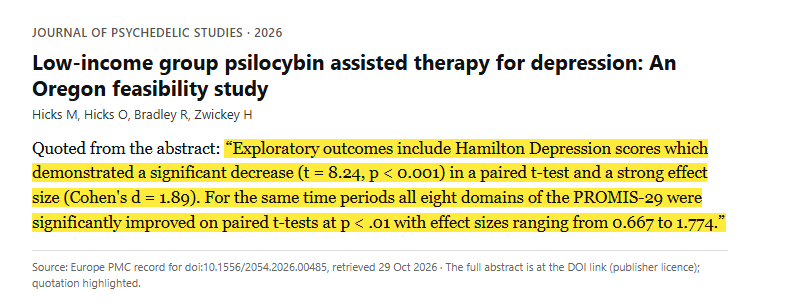 Study 1. Open-label group psilocybin therapy in 20 low-income adults with depression in Oregon (Hicks, 2026)