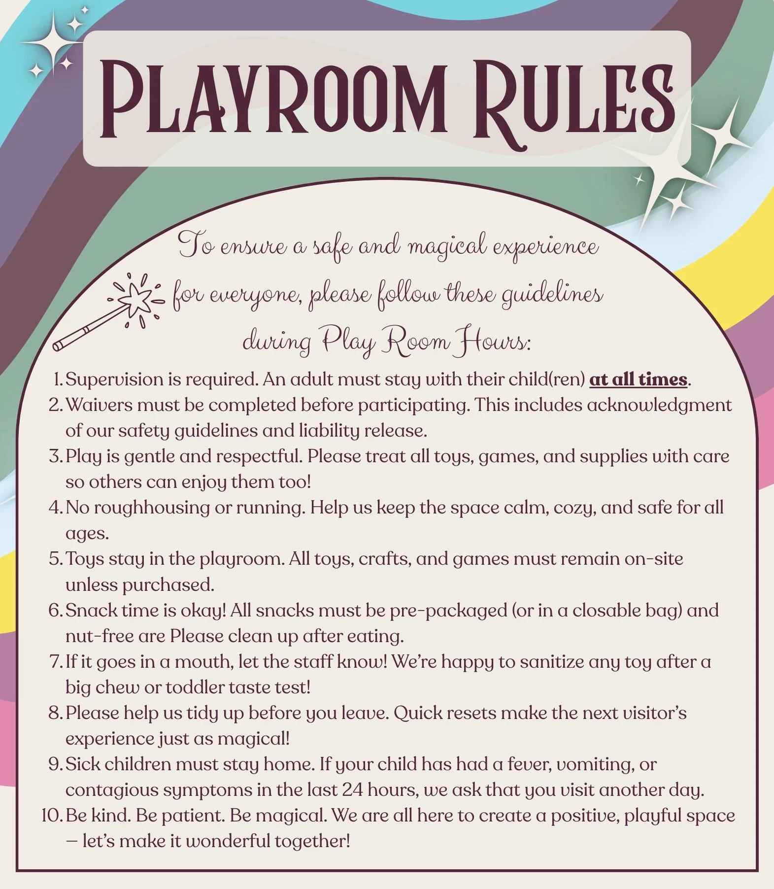Playroom rules poster with guidelines for children and parents, featuring a magical theme with stars, a wand, and colorful background.