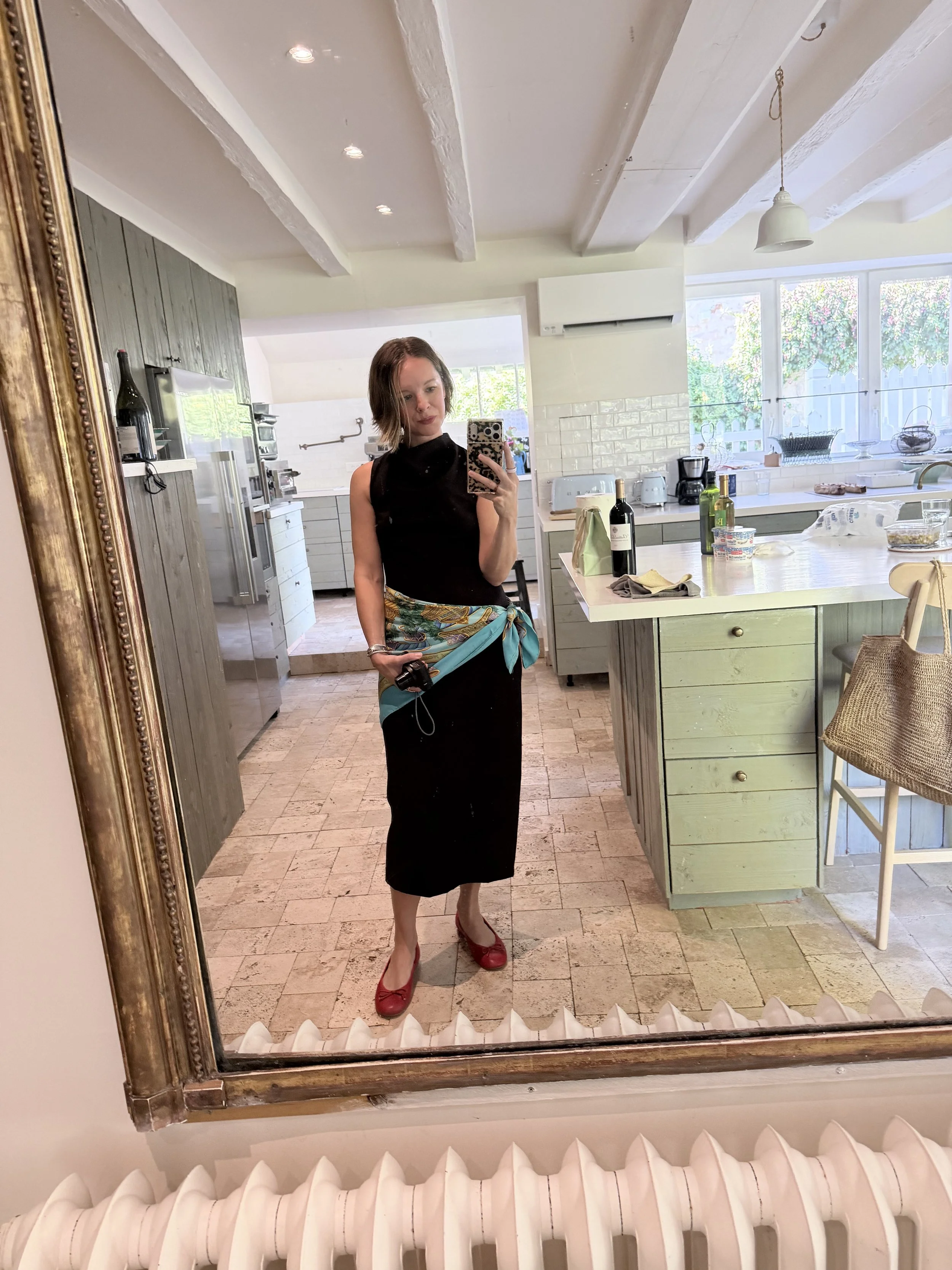 with vintage scarf and red flats
