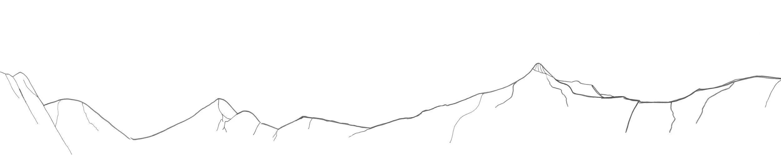 Line drawing of mountain ranges with peaks and ridges.