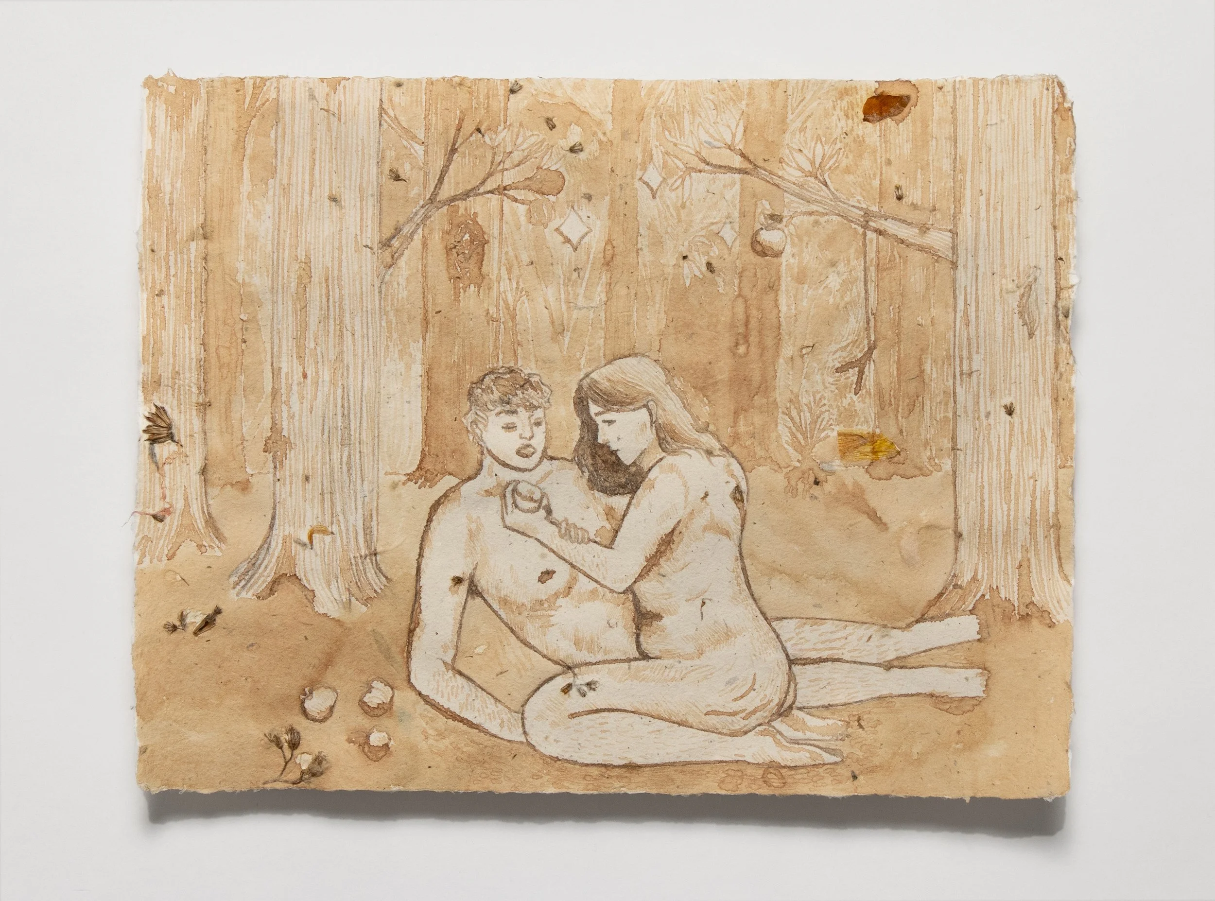 Eden Scene 2, Pinecone Ink on Handmade Paper. 2026