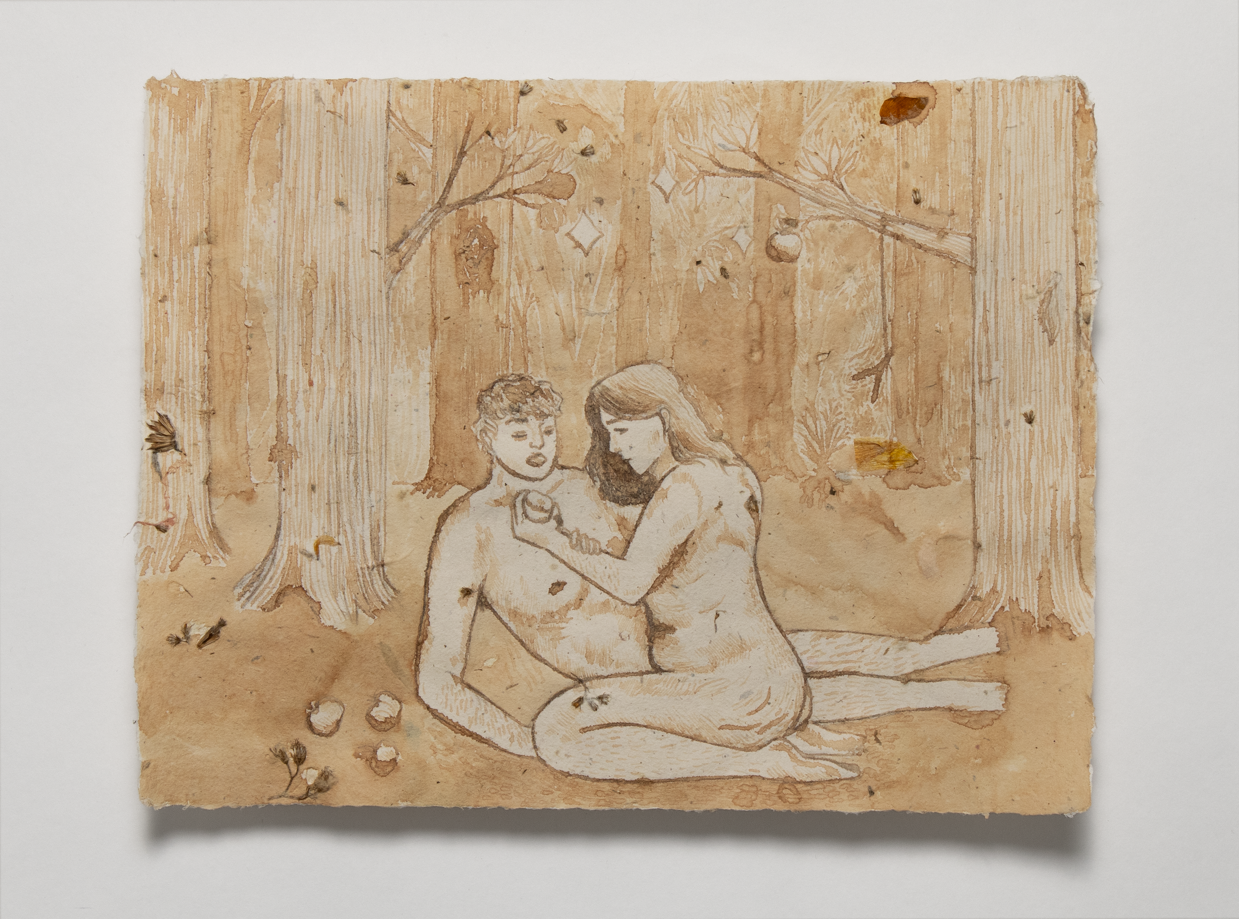 Eden Scene 2, Pine Cone Ink on Handmade Paper. 2025
